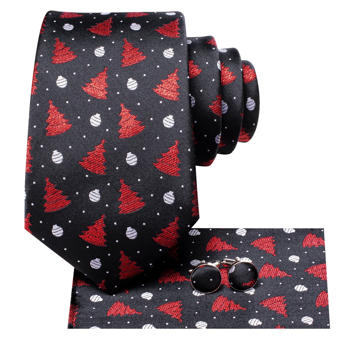 Christmas Balls and Trees Tie, Pocket Square and Cufflinks in Black tie sets    - Sophisticated Gentlemen