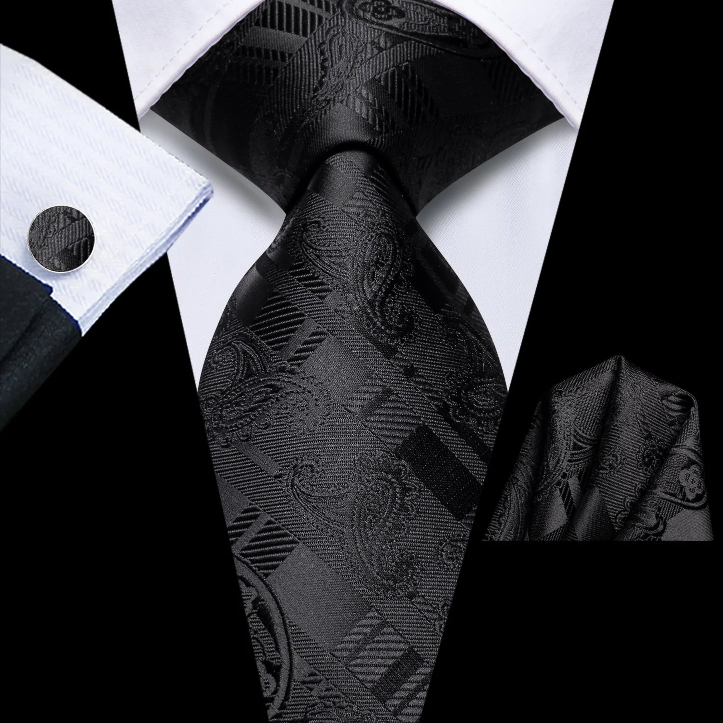 Black Paisley Tie, Pocket Square and Cufflinks tie sets - Sophisticated Gentlemen