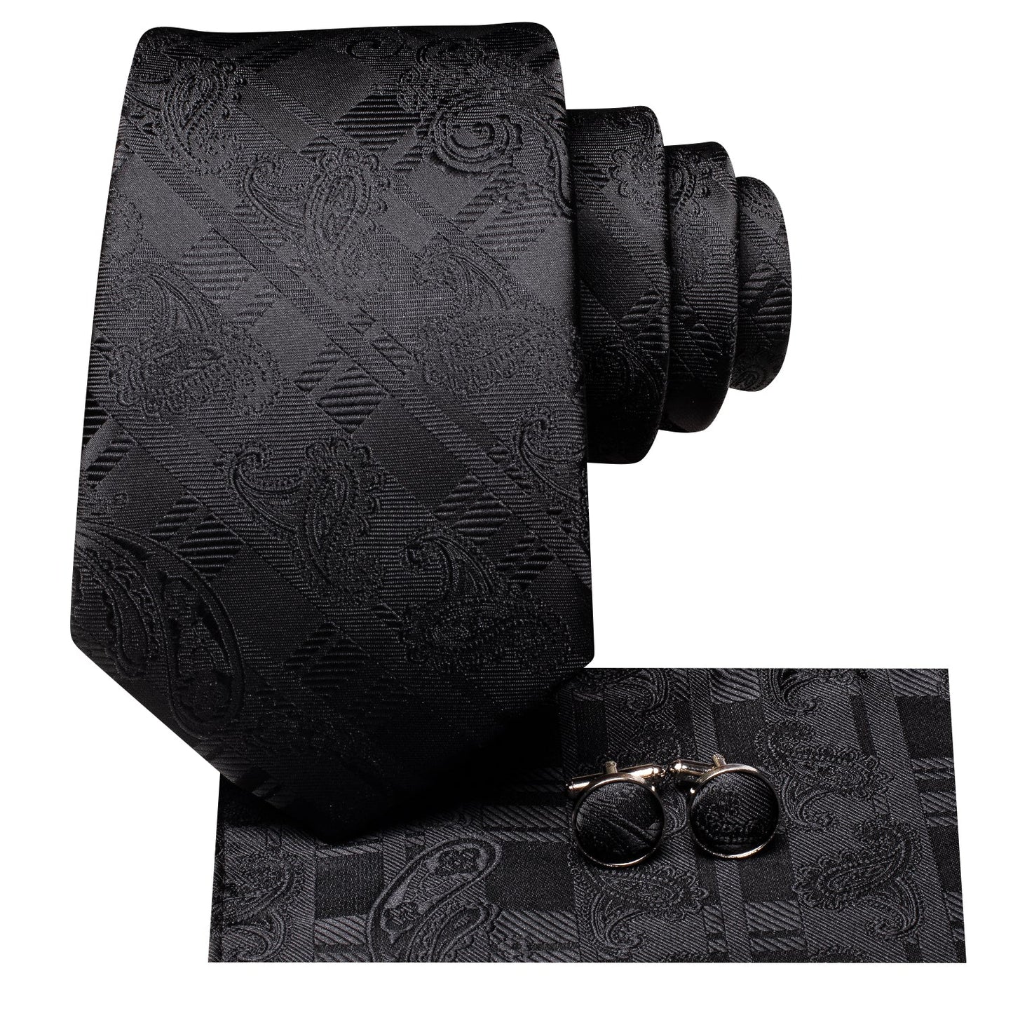 Black Paisley Tie, Pocket Square and Cufflinks tie sets - Sophisticated Gentlemen