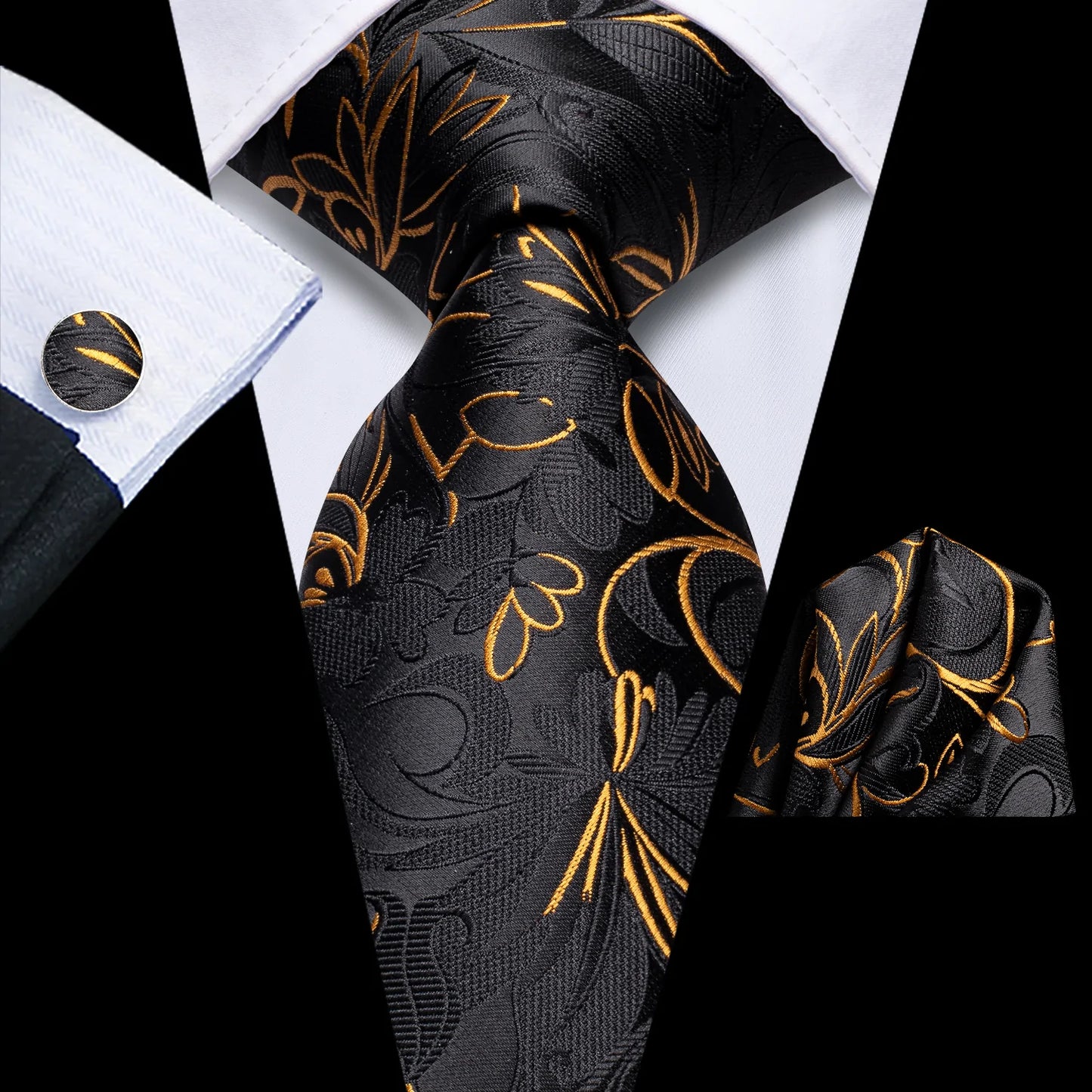 Black and Gold Floral Tie, Pocket Square and Cufflinks tie sets - Sophisticated Gentlemen