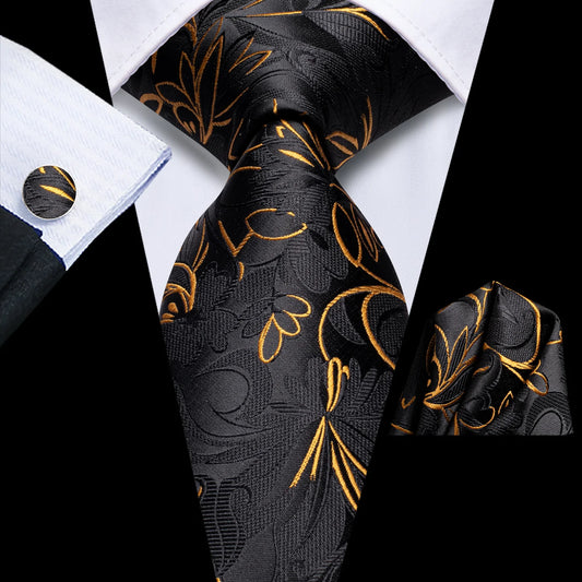 Black and Gold Floral Tie, Pocket Square and Cufflinks tie sets - Sophisticated Gentlemen