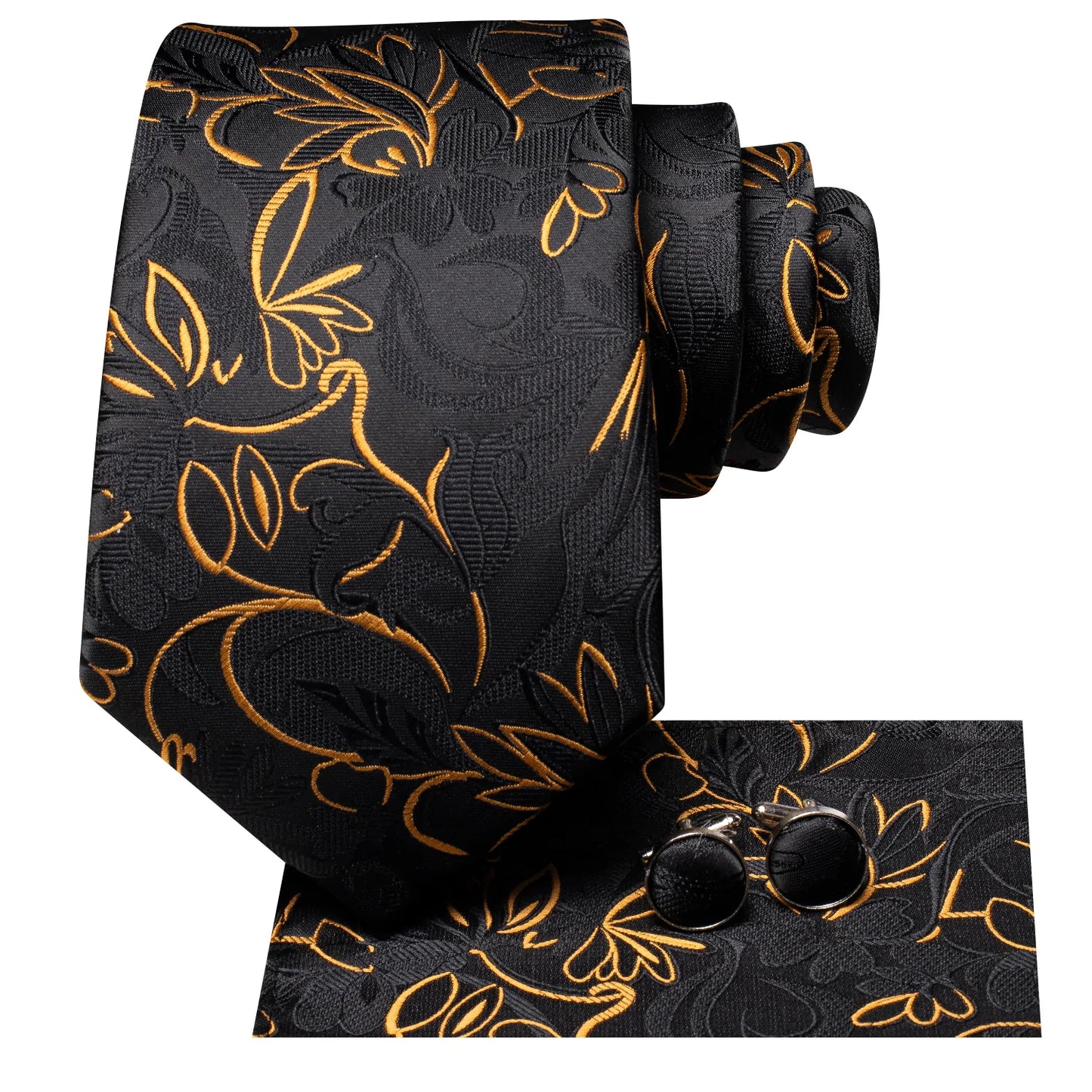 Black and Gold Floral Tie, Pocket Square and Cufflinks tie sets - Sophisticated Gentlemen