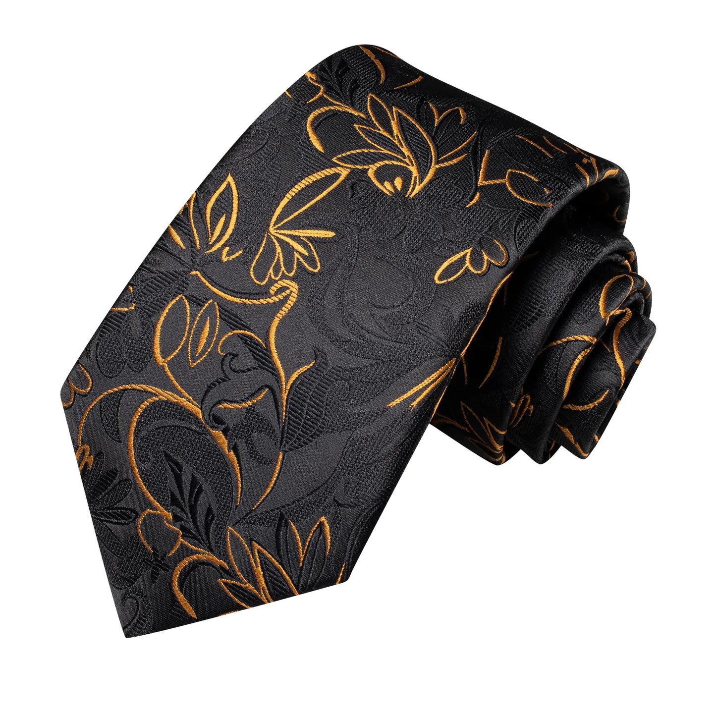 Black and Gold Floral Tie, Pocket Square and Cufflinks tie sets - Sophisticated Gentlemen