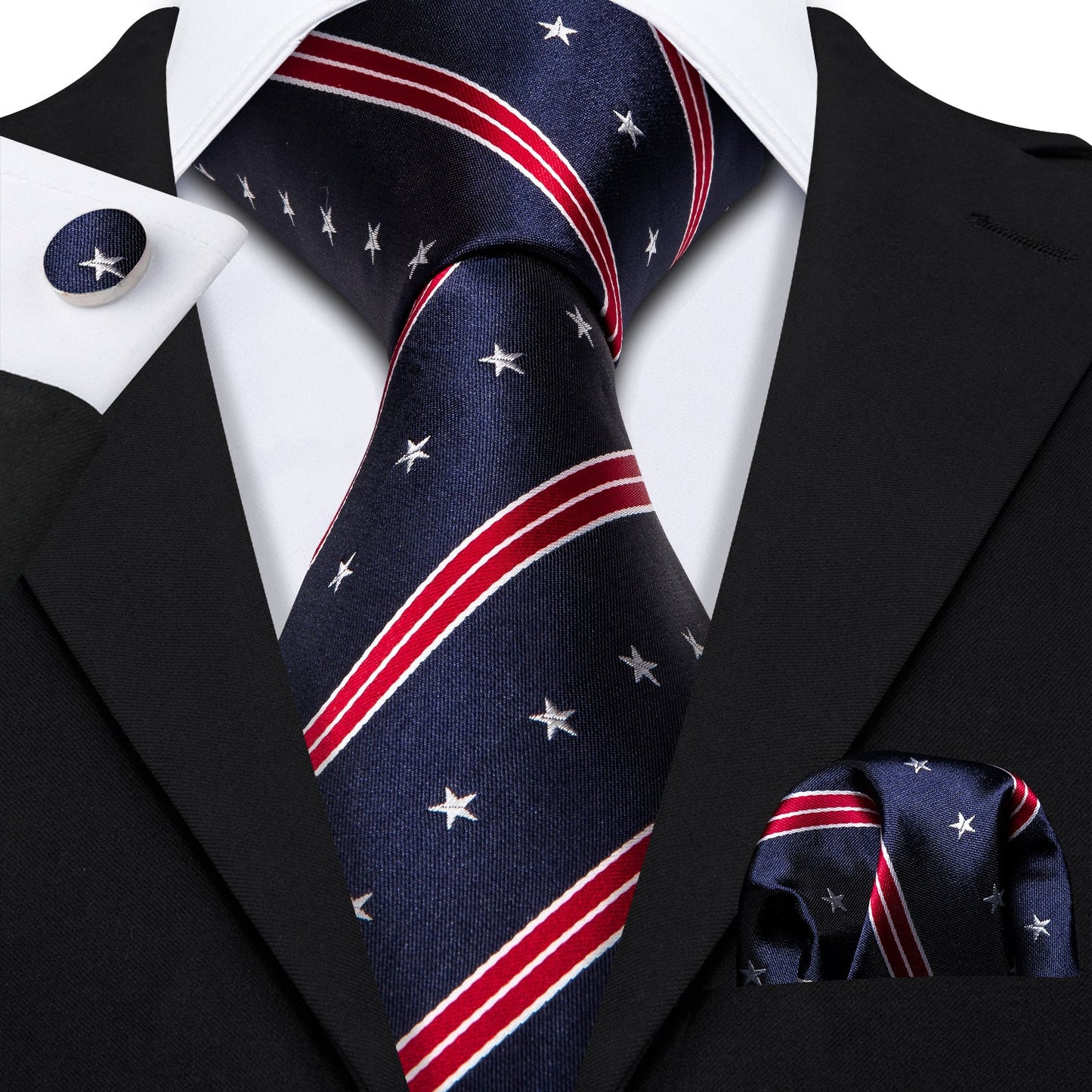 Navy Patriotic Star & Stripe Tie, Pocket Square & Cufflinks Set – American Flag-Inspired Design tie set - Sophisticated Gentlemen