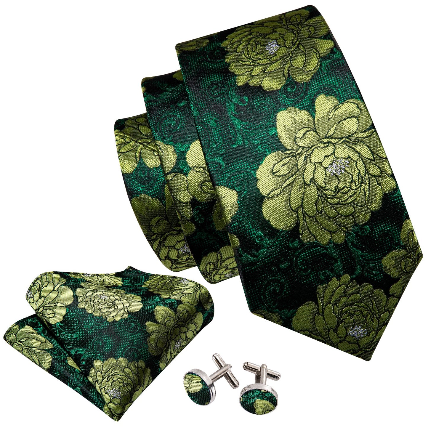 Green Peony Tie, Pocket Square and Cufflinks tie sets - Sophisticated Gentlemen