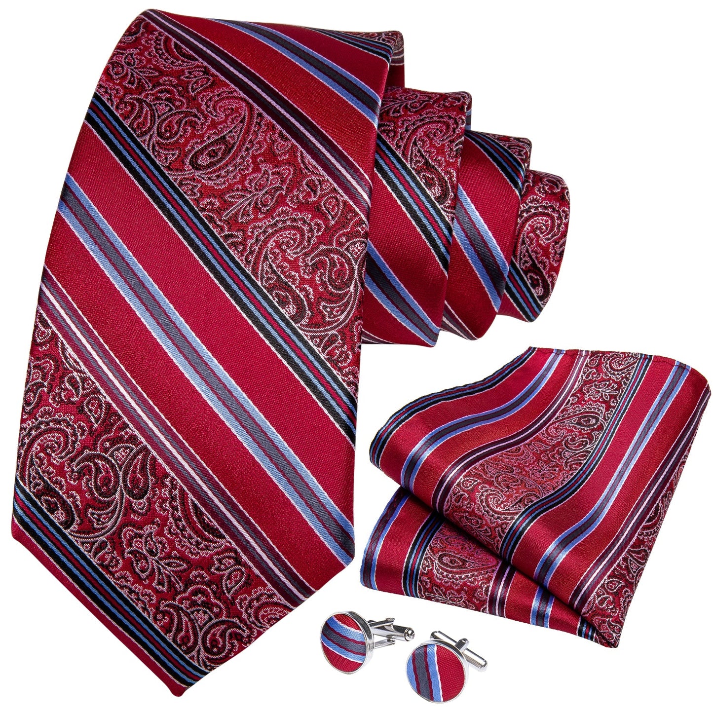 Red Fantasy Stripe Tie, Pocket Square and Cufflinks tie sets - Sophisticated Gentlemen