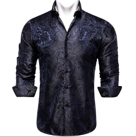Dark Blue and Black Paisley Silk Dress Shirt shirt    - Sophisticated Gentlemen