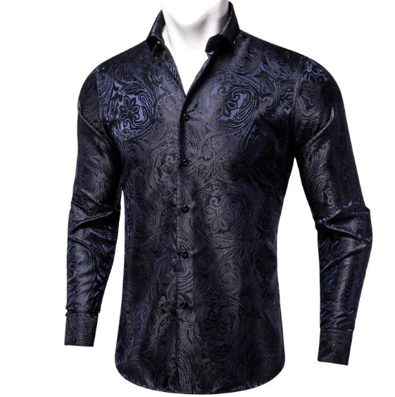 Dark Blue and Black Paisley Silk Dress Shirt shirt S   - Sophisticated Gentlemen