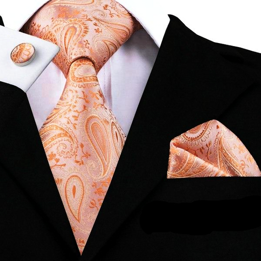Peach Paisley Tie, Pocket Square and Cufflinks tie sets - Sophisticated Gentlemen