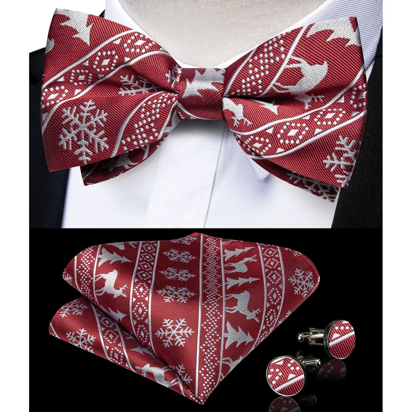 Ugly Christmas Sweater Bow Tie and Suspenders Set in Red bow tie - Sophisticated Gentlemen
