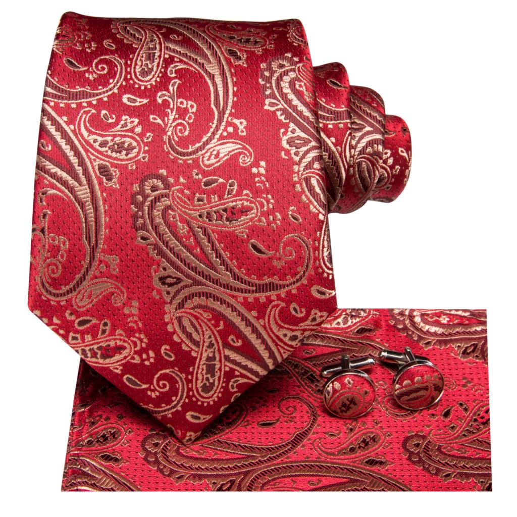 Red & Gold Paisley Silk Tie, Pocket Square & Cufflinks Set tie sets - Sophisticated Gentlemen