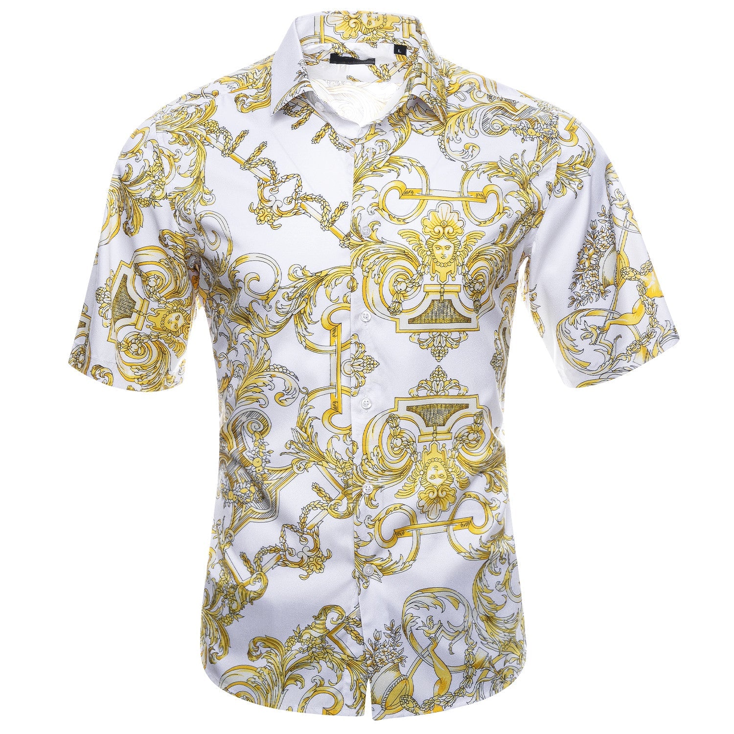 short sleeve dress shirt for wedding Ryrjj Mens Silk Button Down Shirt Short Sleeve Collared Satin Dress Shirts Summer Party Wedding Prom Shirt(White,L), Men's, Size: Large