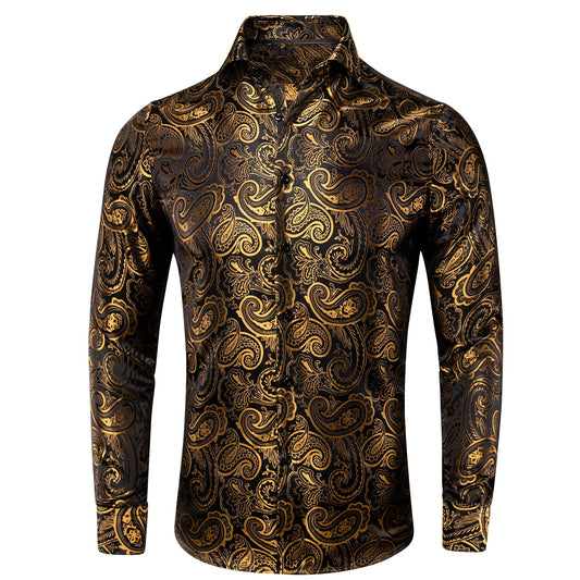 Luxury Gold and Black Silk Dress Shirt shirt S   - Sophisticated Gentlemen