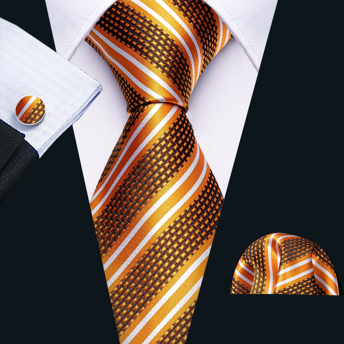 Gold Striped Premium Silk Tie, Pocket Square and Cufflinks tie sets - Sophisticated Gentlemen