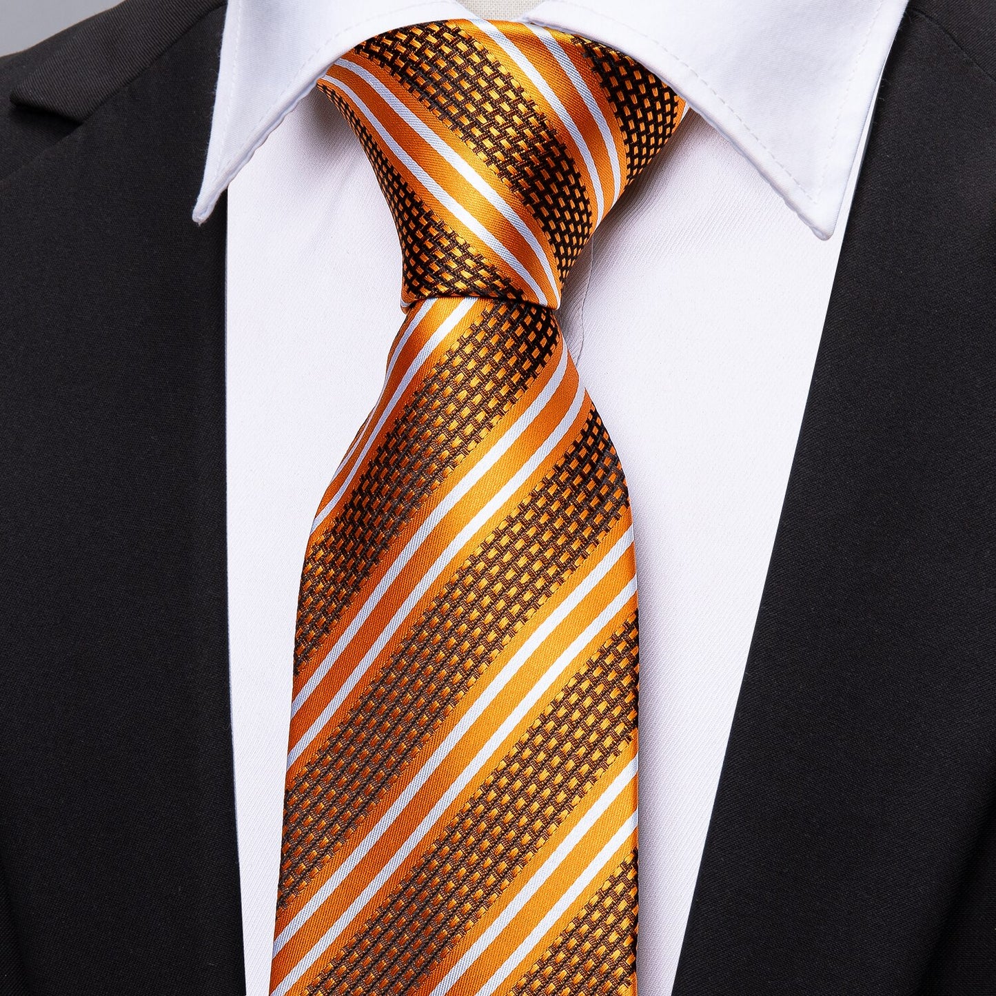Gold Striped Premium Silk Tie, Pocket Square and Cufflinks tie sets - Sophisticated Gentlemen