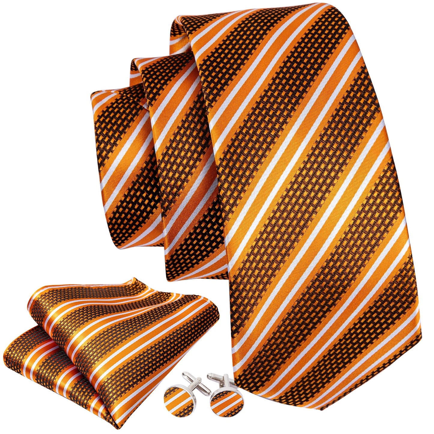 Gold Striped Premium Silk Tie, Pocket Square and Cufflinks tie sets - Sophisticated Gentlemen