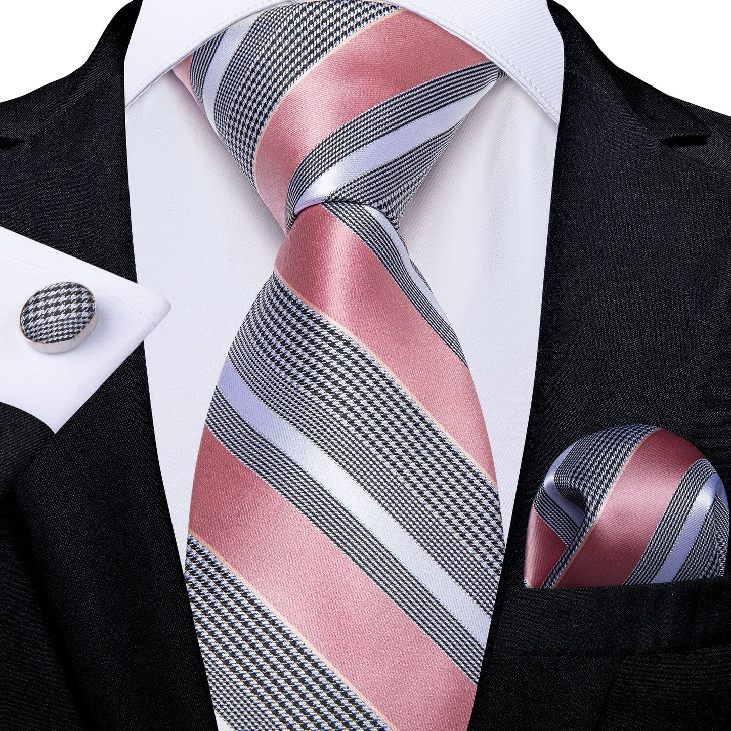 Pink Stripe Silk Tie, Pocket Square and Cufflinks tie sets - Sophisticated Gentlemen