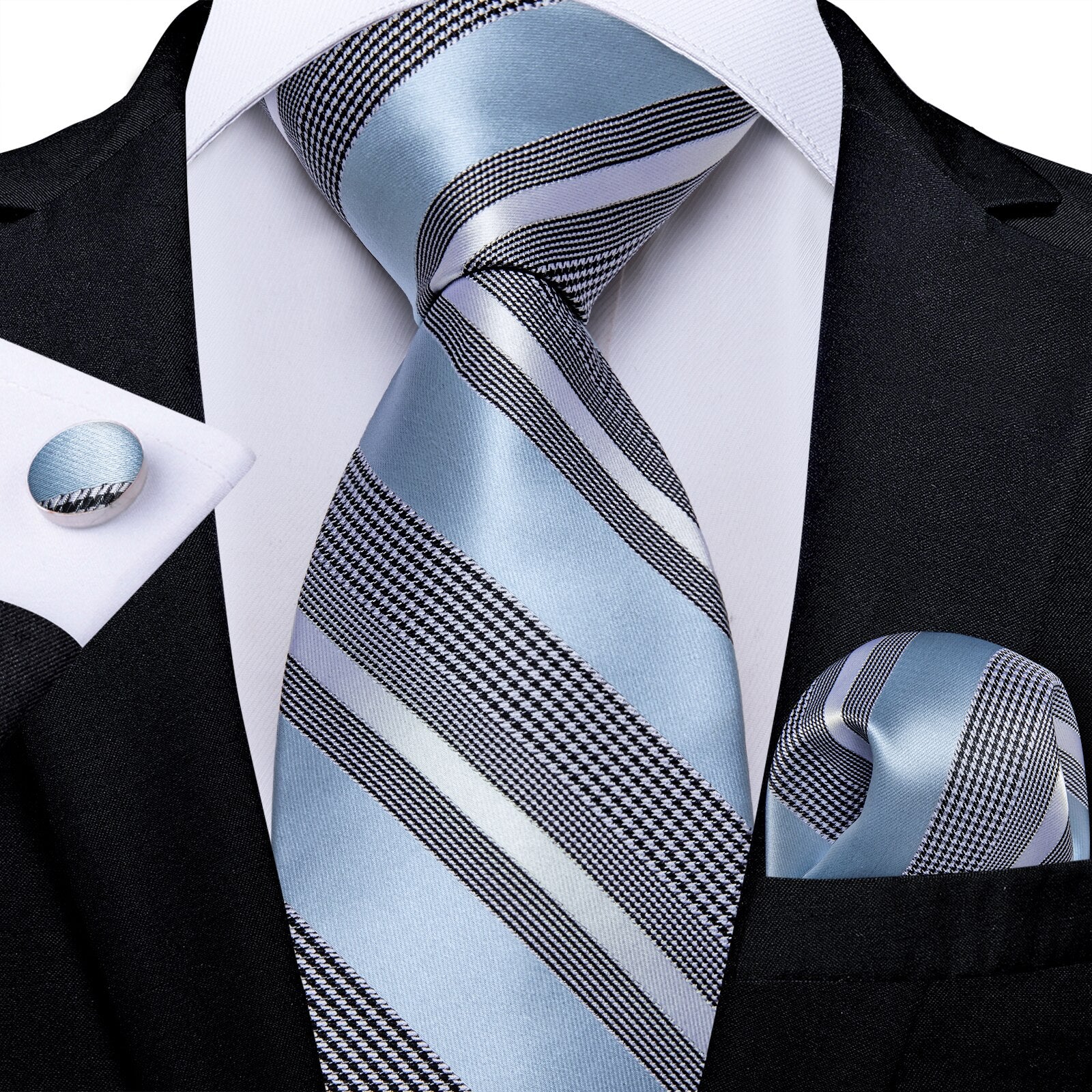 Baby Blue Stripes Silk Tie, Pocket Square and Cufflinks tie sets - Sophisticated Gentlemen