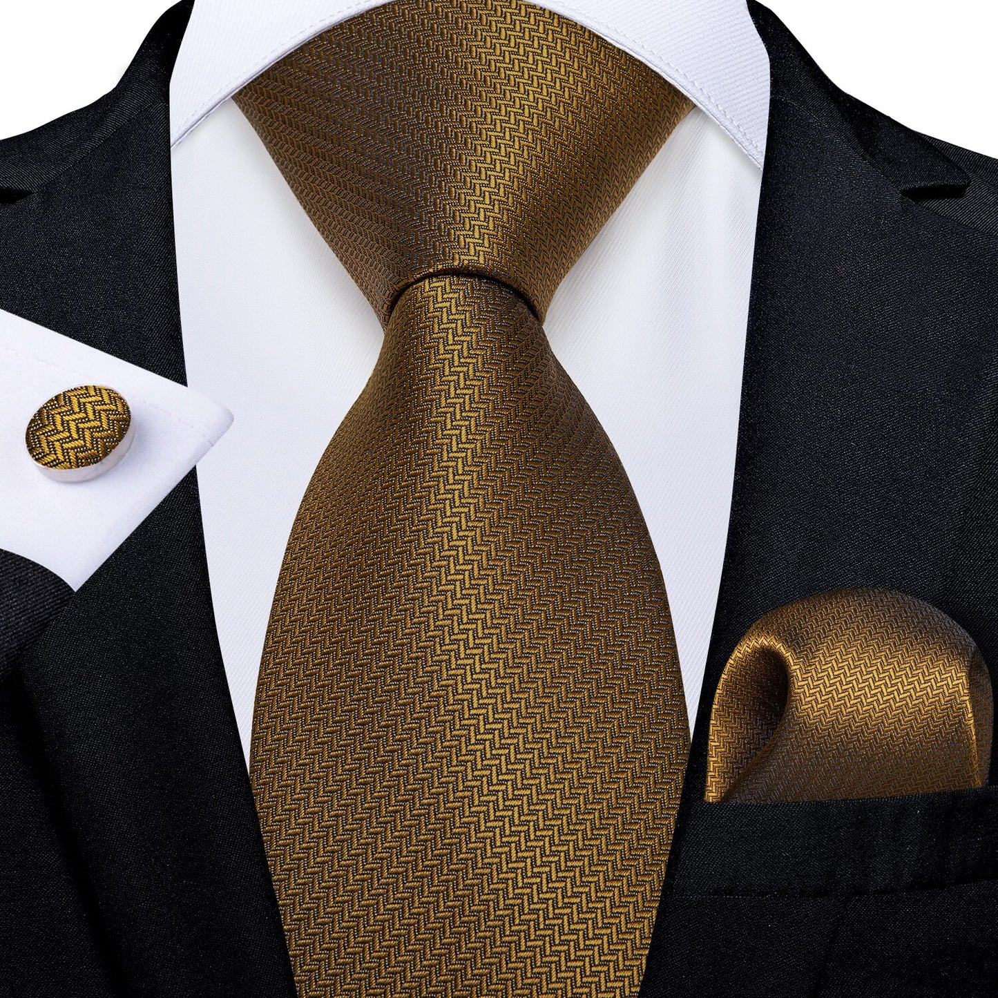 Gold Chevron Tie, Pocket Square and Cufflinks tie sets - Sophisticated Gentlemen