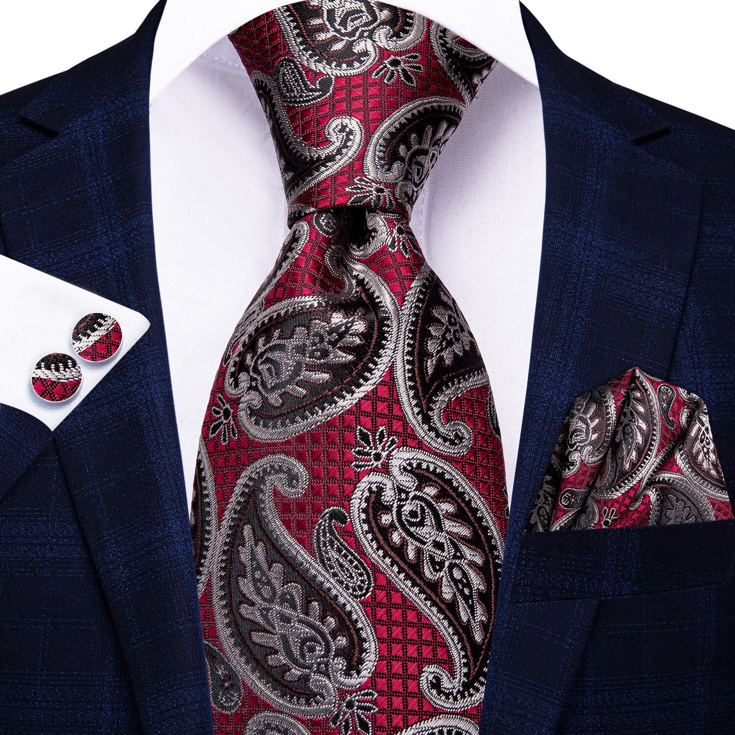 Red Paisley Tie, Pocket Square and Cufflinks tie sets - Sophisticated Gentlemen
