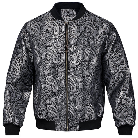 Silver Paisley Silk Bomber Jacket jacket S   - Sophisticated Gentlemen