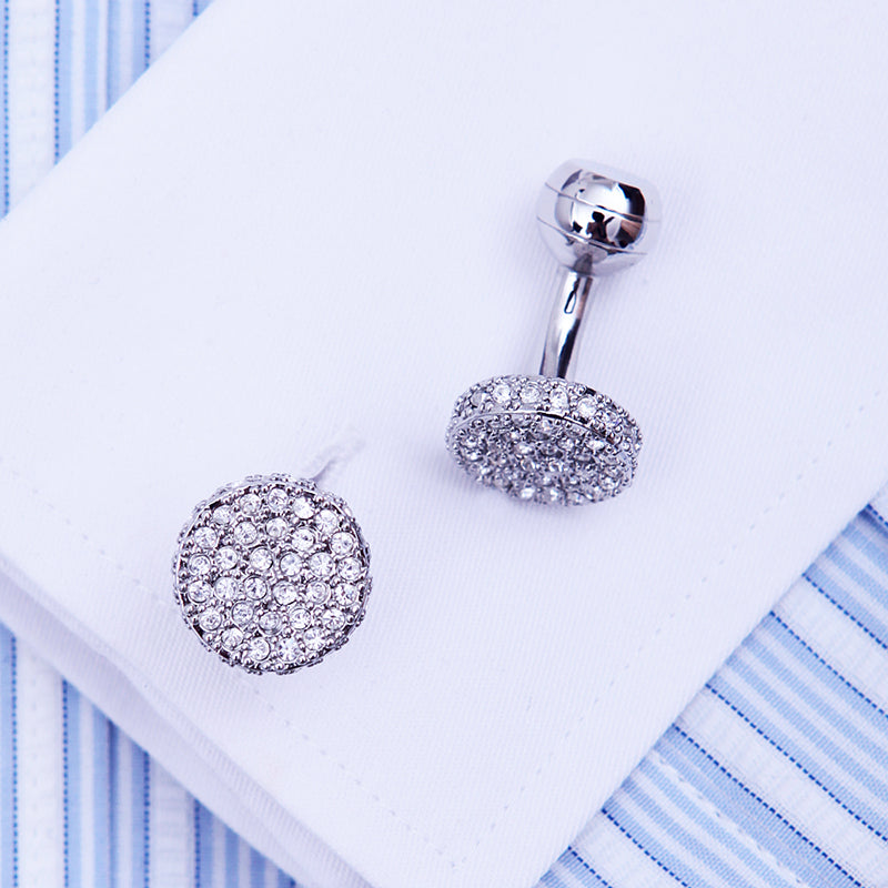 Round Silver Crystal Cufflinks Cufflink - Sophisticated Gentlemen