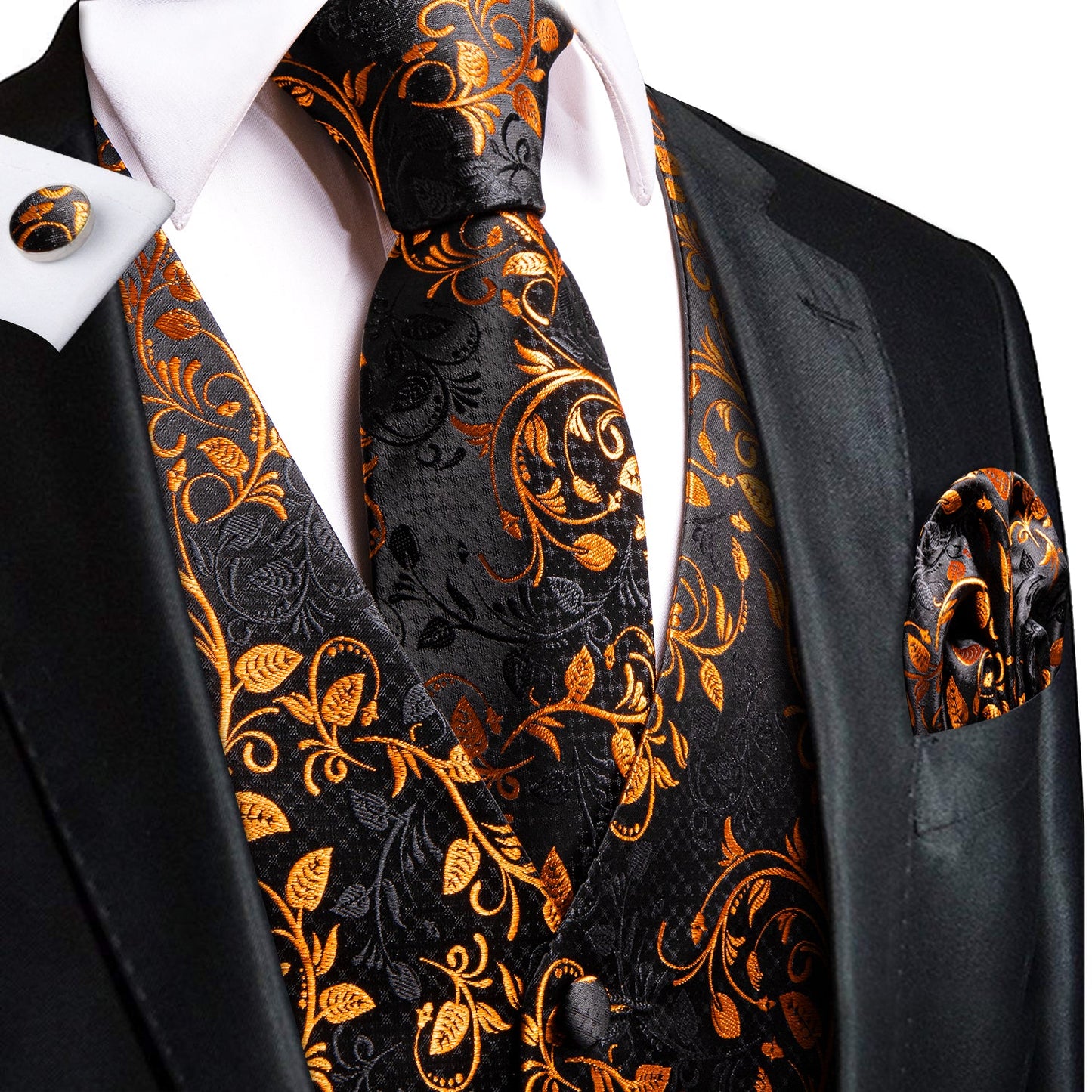 Black and Gold Flowers Vest Set vest set S (Chest 41) - Sophisticated Gentlemen