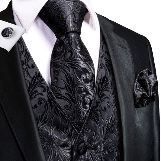 Black And Silver Floral Vest Set vest set S (Chest 41)   - Sophisticated Gentlemen