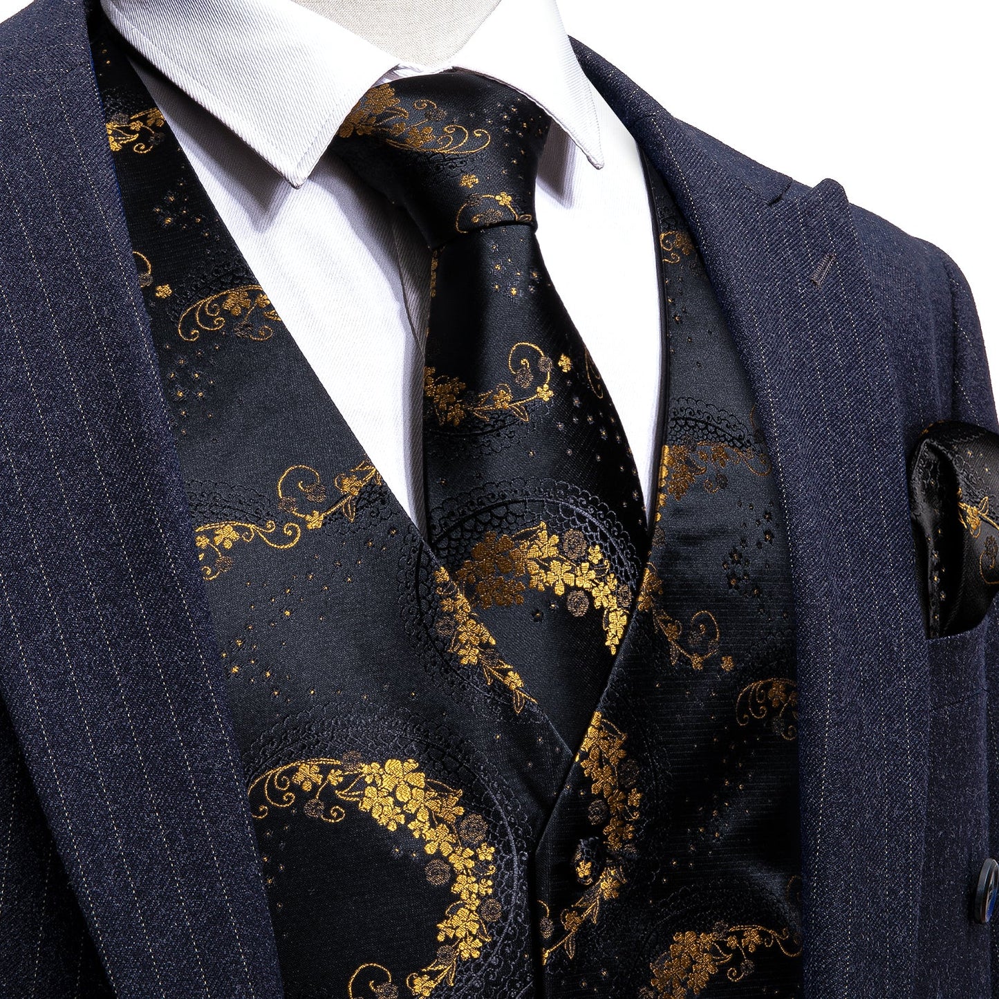 Black and Gold Floral Vest Set vest set S (Chest 41) - Sophisticated Gentlemen