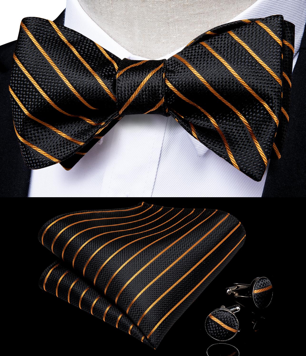 Luxury Gold and Black Striped Bow Tie Set bow ties - Sophisticated Gentlemen