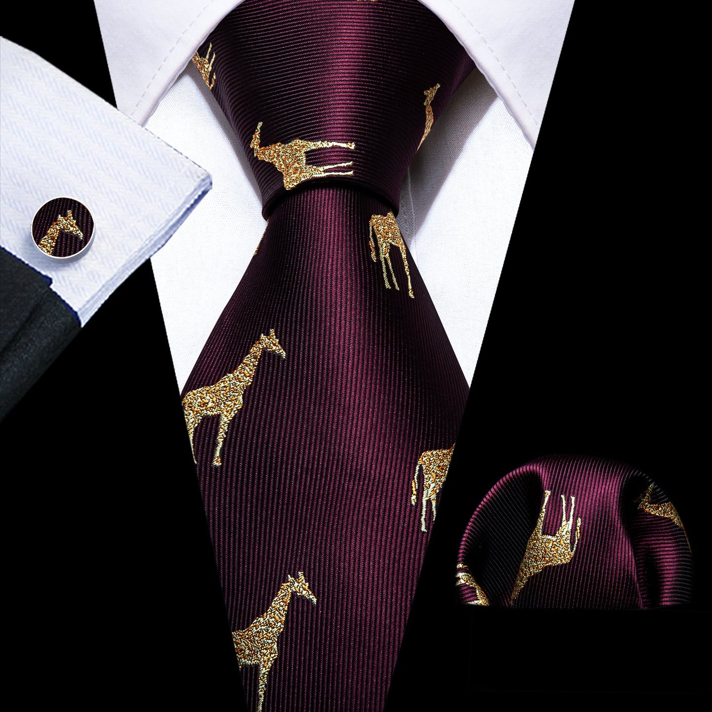 Burgundy Giraffe Silk Tie Set tie set - Sophisticated Gentlemen