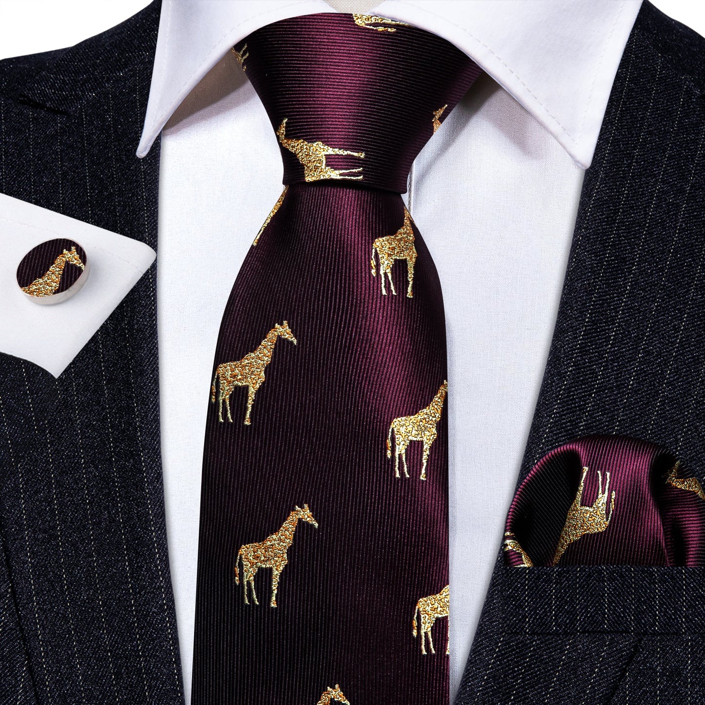 Burgundy Giraffe Silk Tie Set tie set - Sophisticated Gentlemen