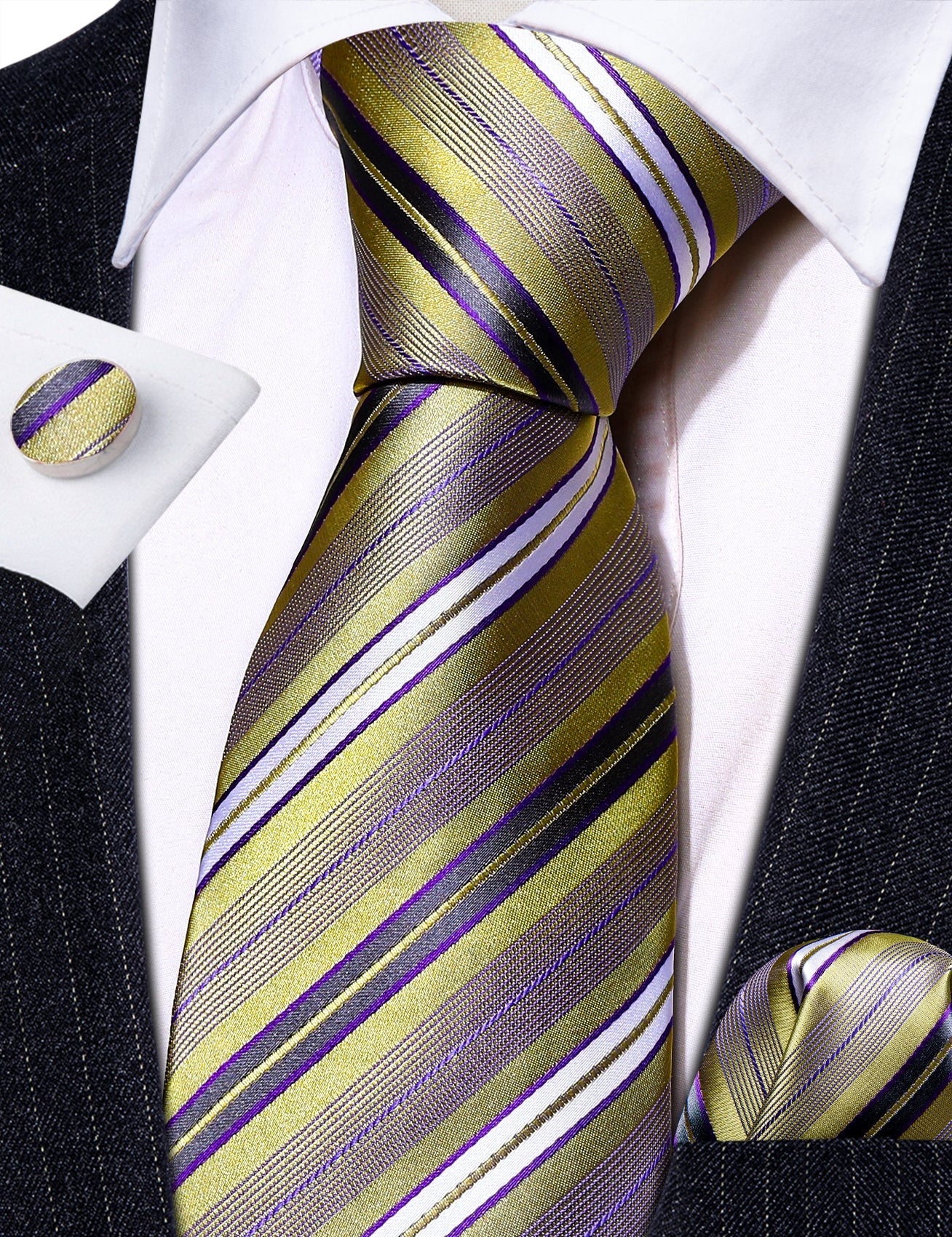 Purple and Gold Striped Silk Tie, Pocket Square and Cufflinks tie sets - Sophisticated Gentlemen