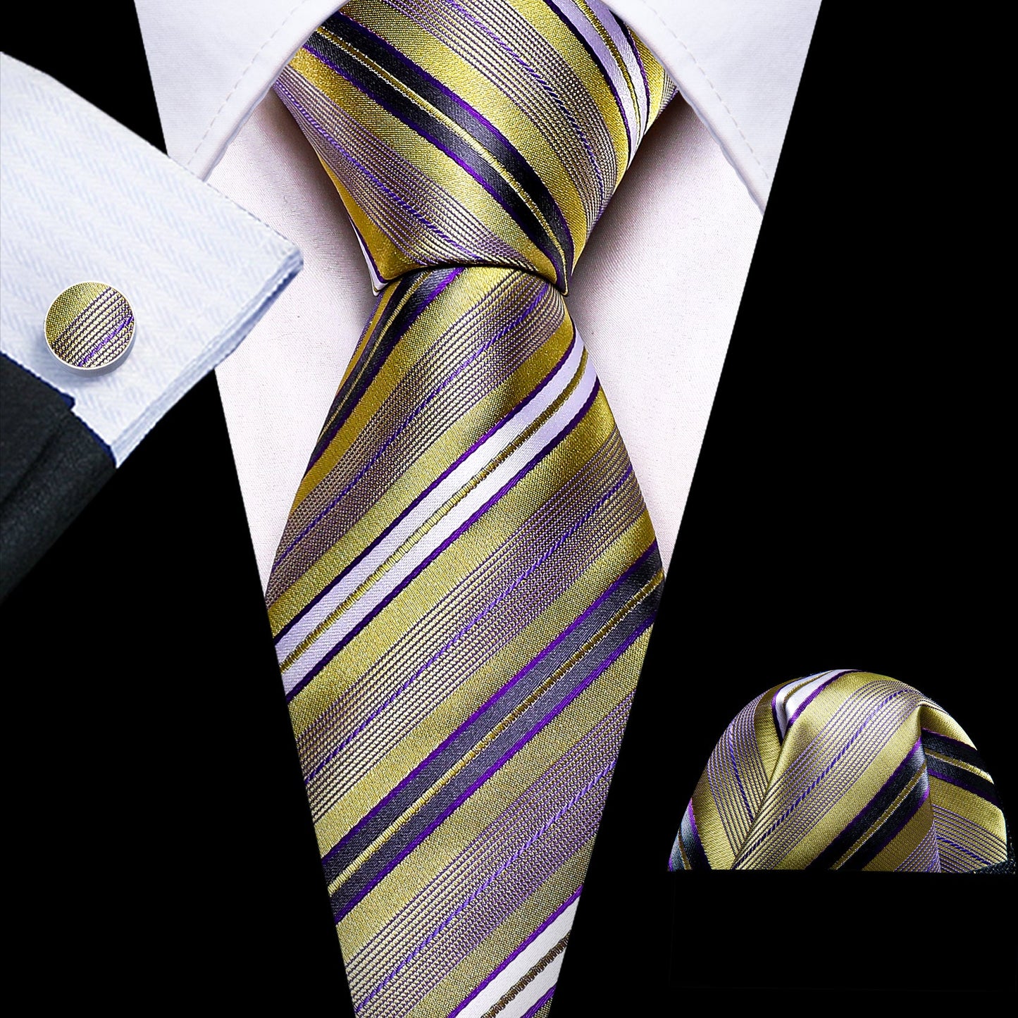 Purple and Gold Striped Silk Tie, Pocket Square and Cufflinks tie sets Default Title - Sophisticated Gentlemen
