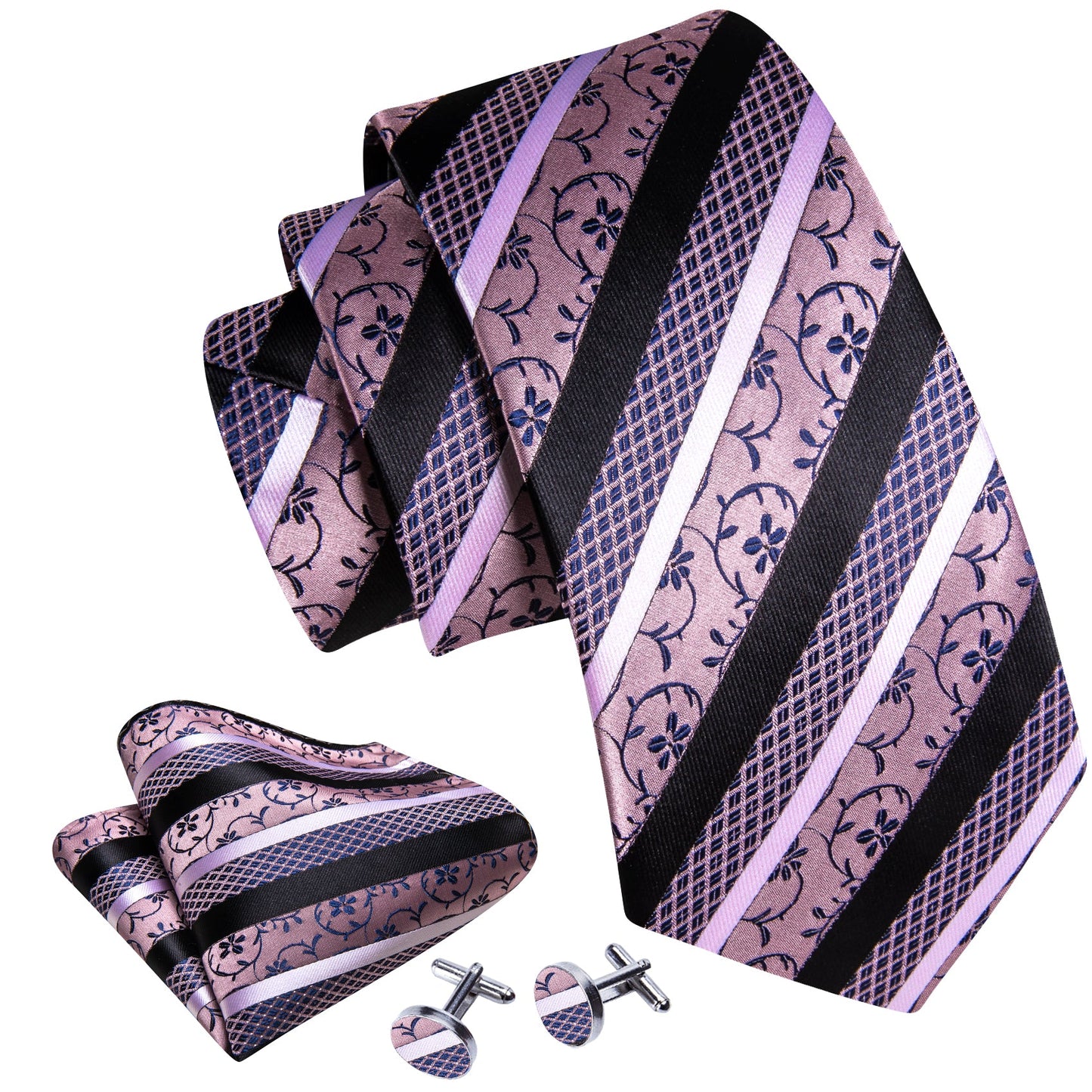 Pink, White and Black Striped Tie, Pocket Square and Cufflinks tie sets - Sophisticated Gentlemen