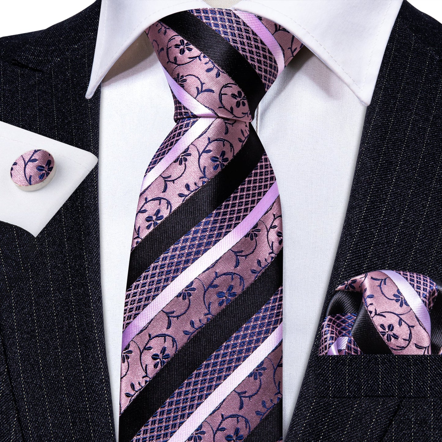 Pink, White and Black Striped Tie, Pocket Square and Cufflinks tie sets - Sophisticated Gentlemen
