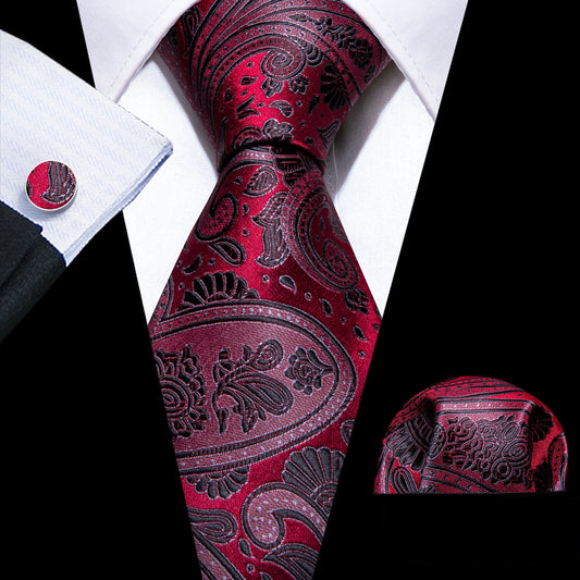 Ruby Paisley Silk Tie, Pocket Square and Cufflinks tie sets - Sophisticated Gentlemen
