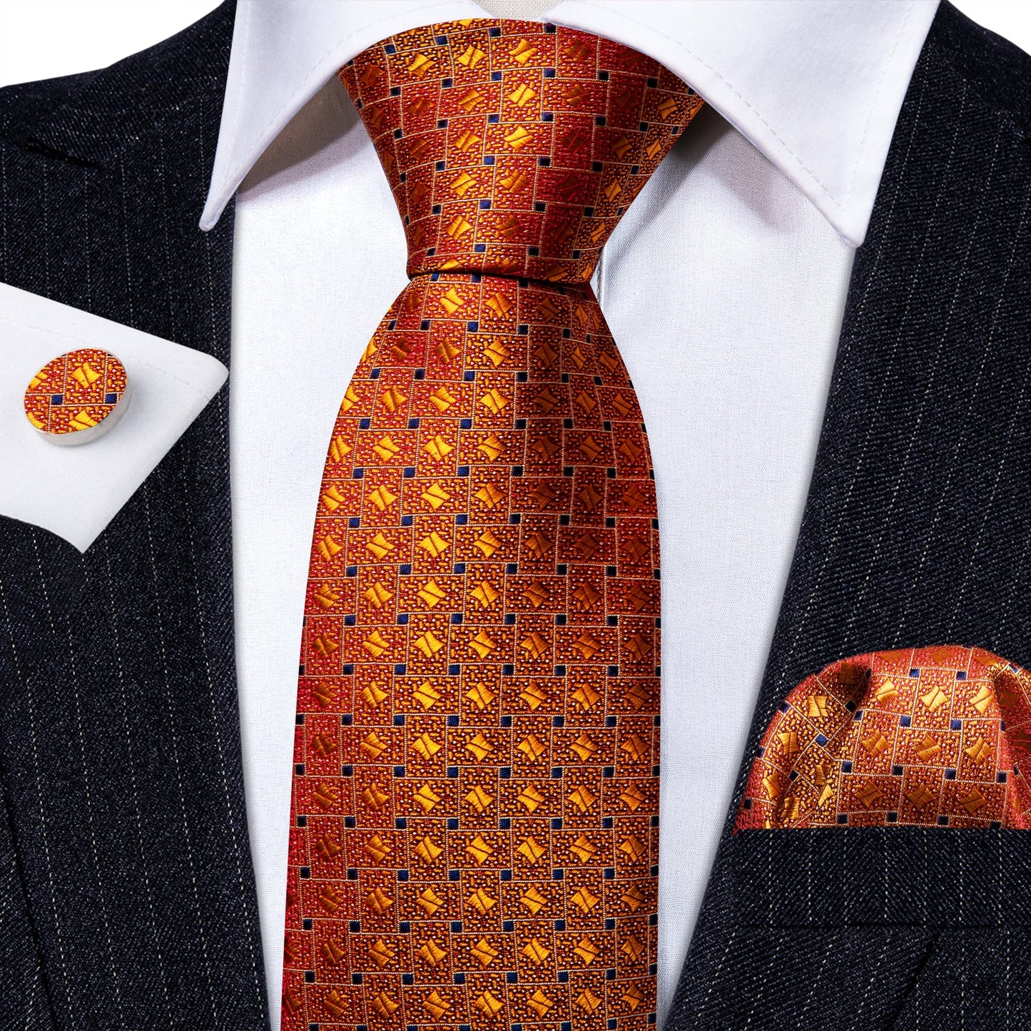 Orange Plaid Tie, Pocket Square and Cufflinks tie sets - Sophisticated Gentlemen