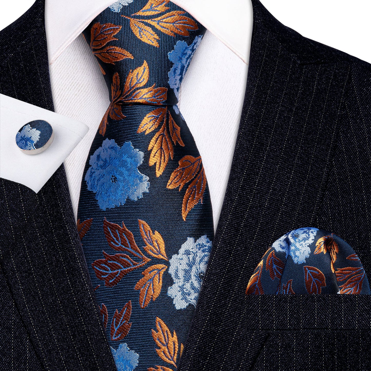 Golden Leaves Silk Tie, Pocket Square and Cufflinks tie sets - Sophisticated Gentlemen