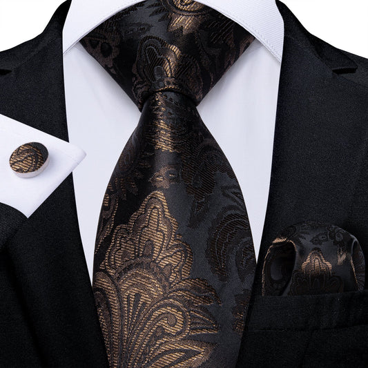 Brown and Black Silk Tie, Pocket Square and Cufflinks tie sets - Sophisticated Gentlemen