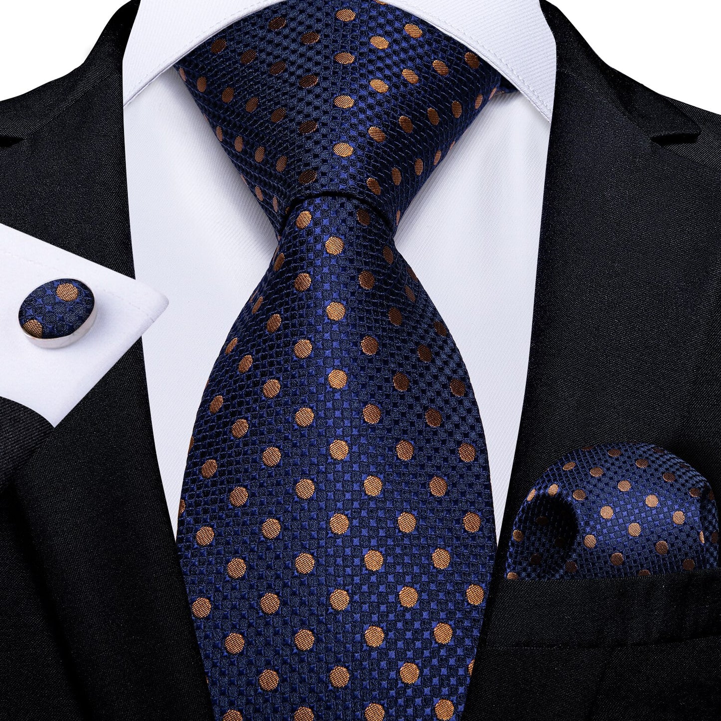 Blue and Gold Polka Dot Tie, Pocket Square and Cufflinks tie sets - Sophisticated Gentlemen