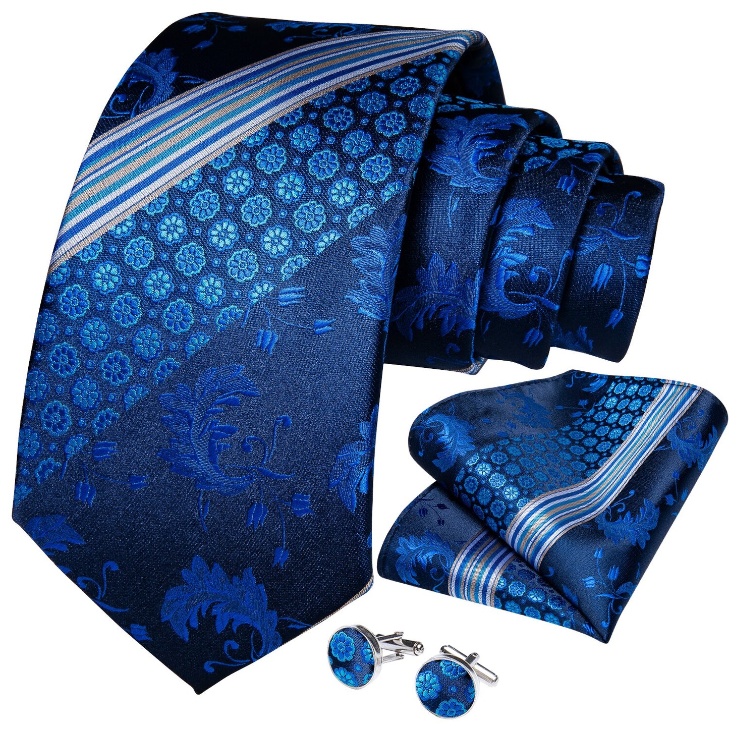 Blue Floral Striped Tie, Pocket Square and Cufflinks tie sets - Sophisticated Gentlemen