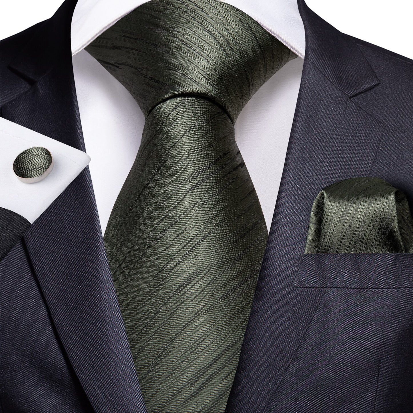 New Green Solid Tie, Pocket Square and Cufflinks tie sets - Sophisticated Gentlemen