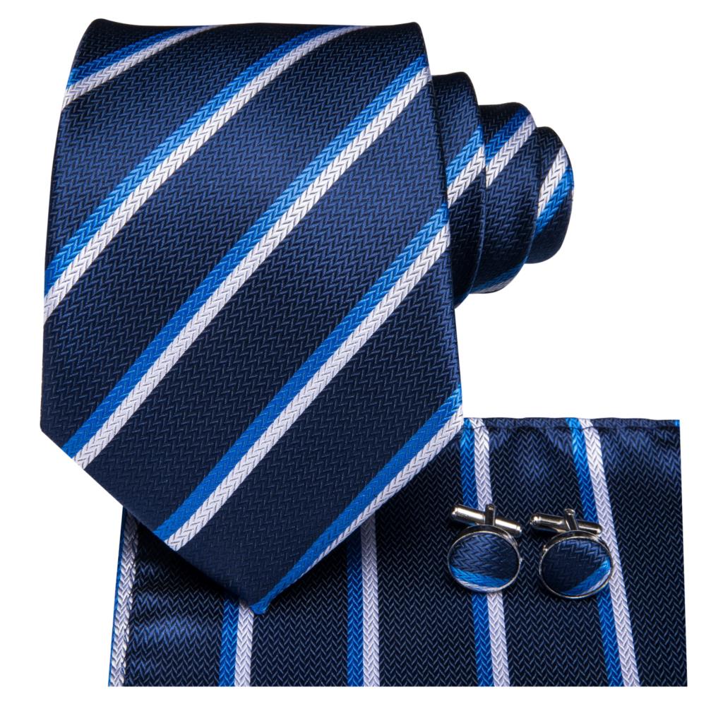 Blue with Stripes Tie, Pocket Square and Cufflinks tie sets    - Sophisticated Gentlemen