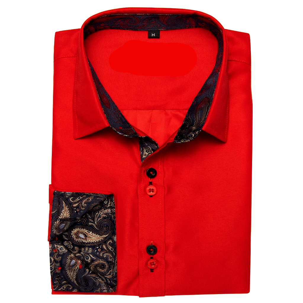 Red Silk Shirt with Black Paisley Accented Cuffs and Collar Shirt - Sophisticated Gentlemen