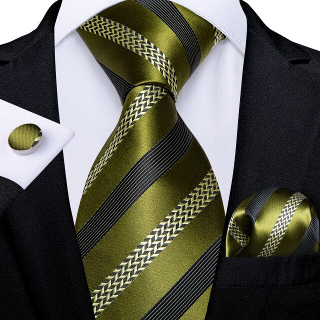 Olive Stripe Silk Tie, Pocket Square and Cufflinks tie sets - Sophisticated Gentlemen