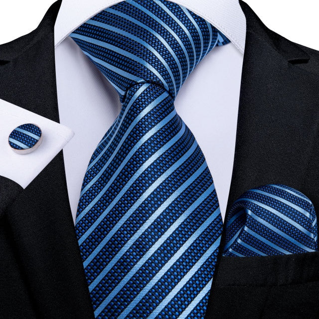 Premium Blue Striped Tie, Pocket Square and Cufflinks tie sets - Sophisticated Gentlemen
