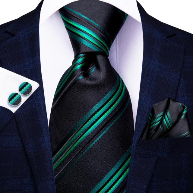Black and Green Striped 100% Silk Necktie tie sets - Sophisticated Gentlemen