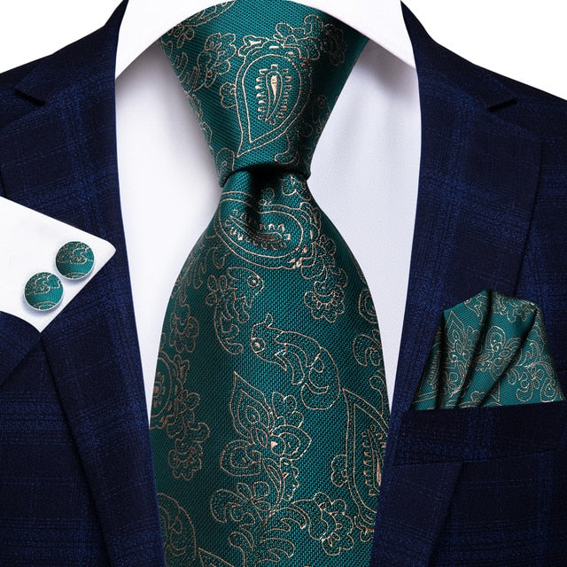 Green Ornamented Tie, Pocket Square and Cufflinks tie sets - Sophisticated Gentlemen