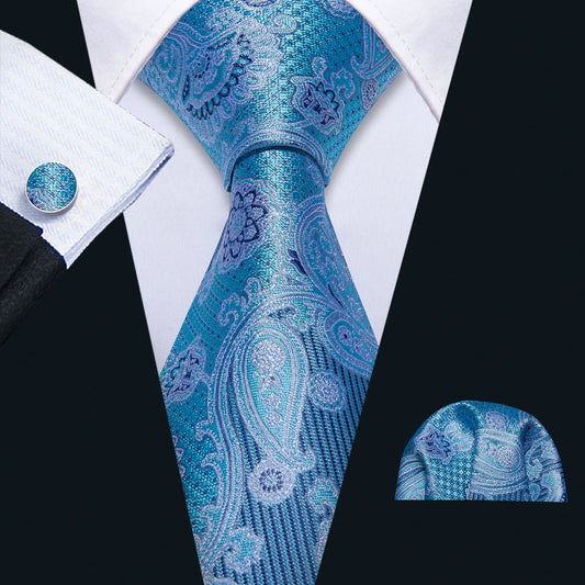 Light Blue Jacquard Paisley Tie, Pocket Square and Cufflinks Set tie sets - Sophisticated Gentlemen